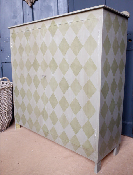 Vintage Painted F&B Green Harlequin Design Rustic Cabinet Cupboard Sideboard