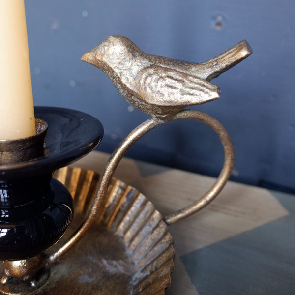 NEW French Style BIRD Gold & Black Porcelain & Metal Candleholder Chamber Stick with Tray