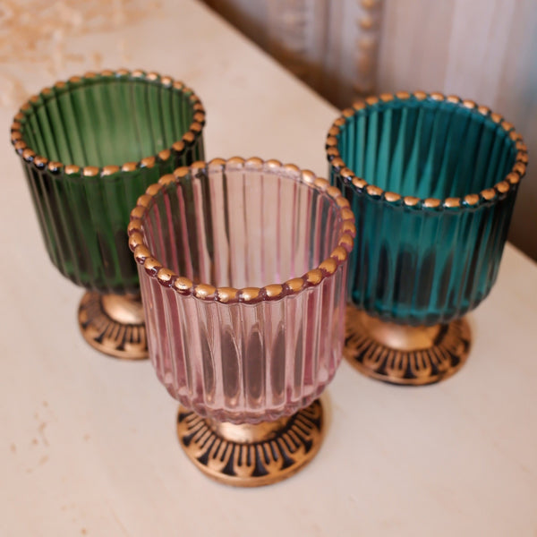 New French Shabby Chic Round Ribbed Glass Vase Tea Light Candle Holder Votive