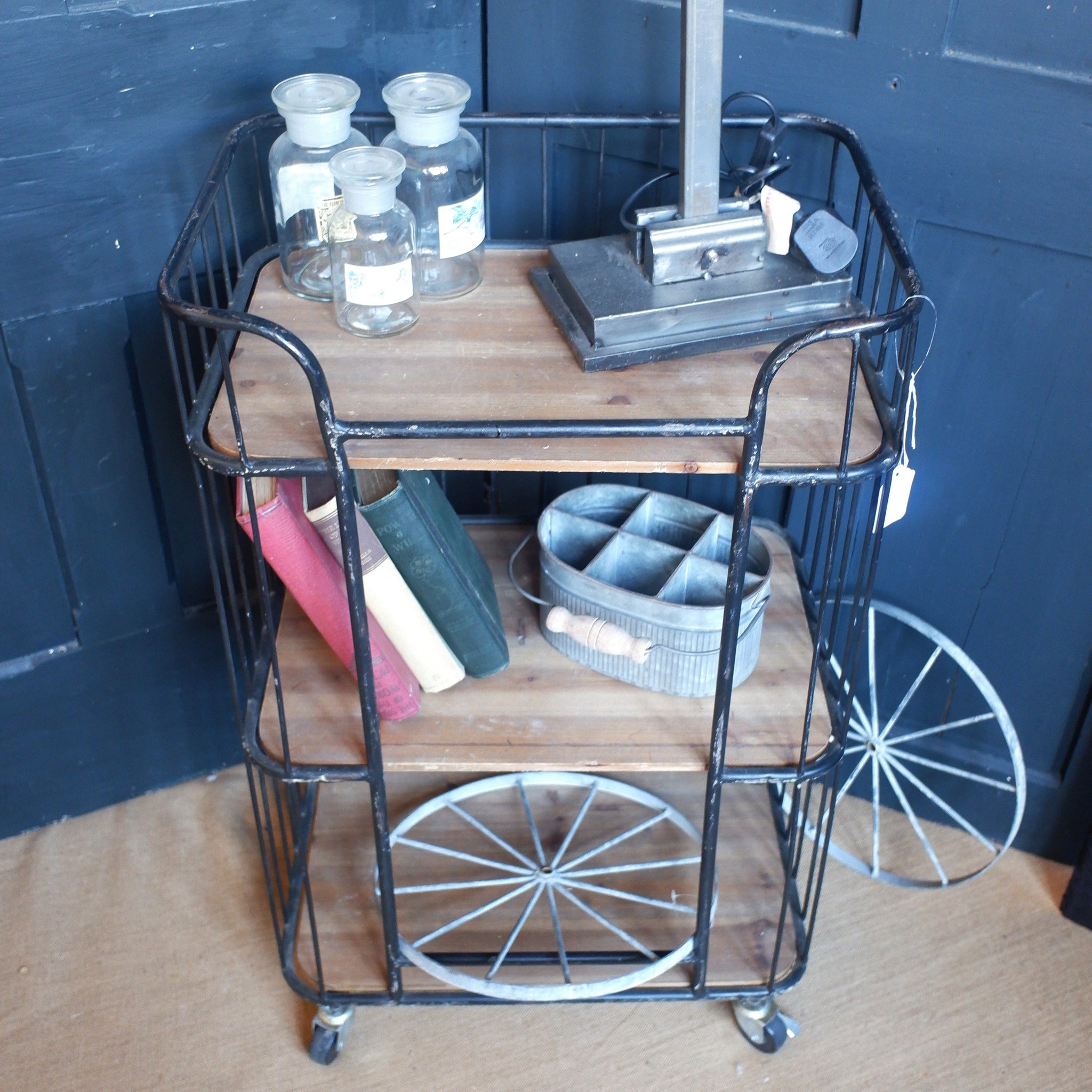 Vintage Retro Trolley Black Metal 3 Shelf Rustic Industrial Workstation Table Display Stand