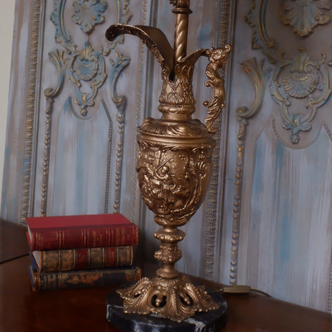 Antique French Spelter & Marble Cherub EWER Urn Vase Jug Table Bedside Lamp