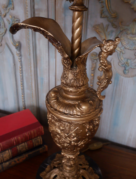 Antique French Spelter & Marble Cherub EWER Urn Vase Jug Table Bedside Lamp