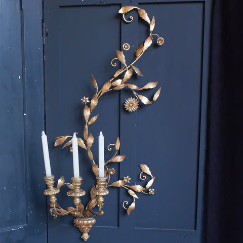 Antique  French CANDELABRA Wall Sconce GO:D Gilt Vine 3 Candle Stick Holder
