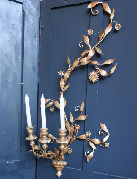 Antique  French CANDELABRA Wall Sconce GO:D Gilt Vine 3 Candle Stick Holder