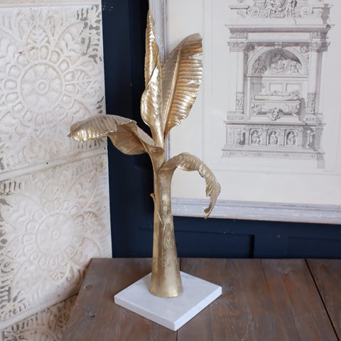 New Decorative Gold Coconut Exotic Tree on Modern White Marble Base Stand
