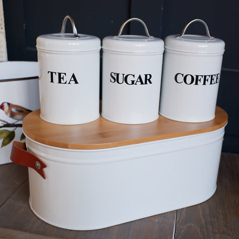 NEW Set of 3 Enamel Tea Coffee Sugar Jars & Bread Bin Vintage Retro Style Metal Pots