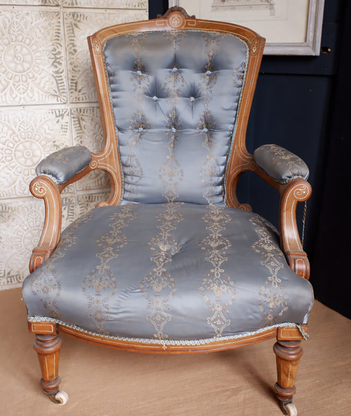 Pair of Antique Victorian WALNUT Inlaid His Armchair & Hers Ladies Nursing Chair