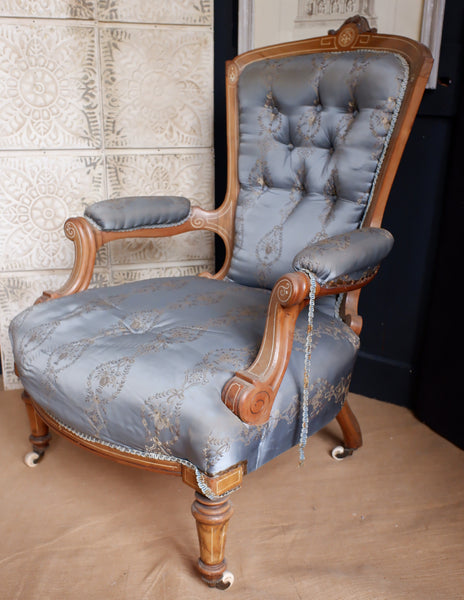 Pair of Antique Victorian WALNUT Inlaid His Armchair & Hers Ladies Nursing Chair