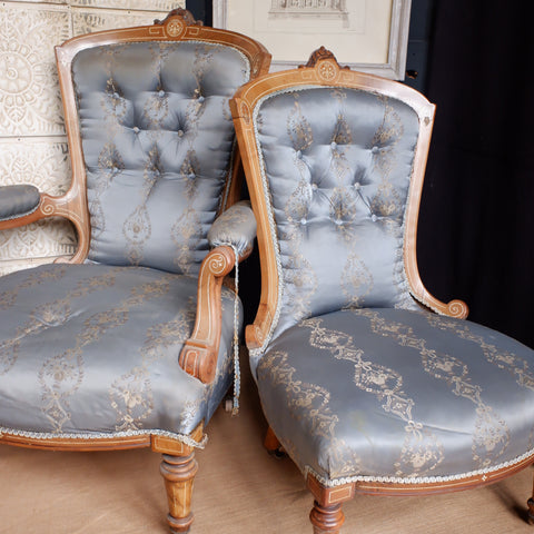 Pair of Antique Victorian WALNUT Inlaid His Armchair & Hers Ladies Nursing Chair