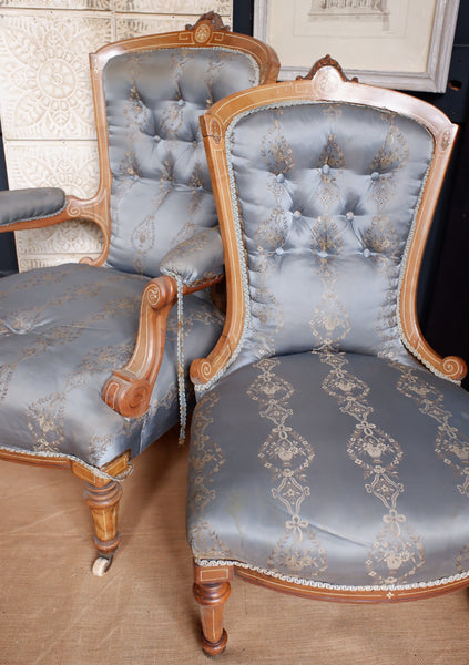 Pair of Antique Victorian WALNUT Inlaid His Armchair & Hers Ladies Nursing Chair