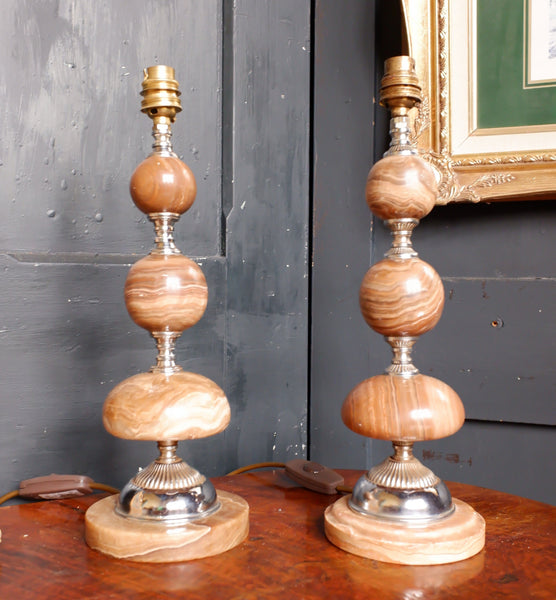 Antique Pair of French Small Table Bedside Lamps Ornate Bulbous Marble & Chrome