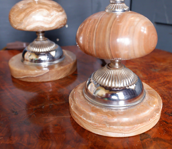 Antique Pair of French Small Table Bedside Lamps Ornate Bulbous Marble & Chrome