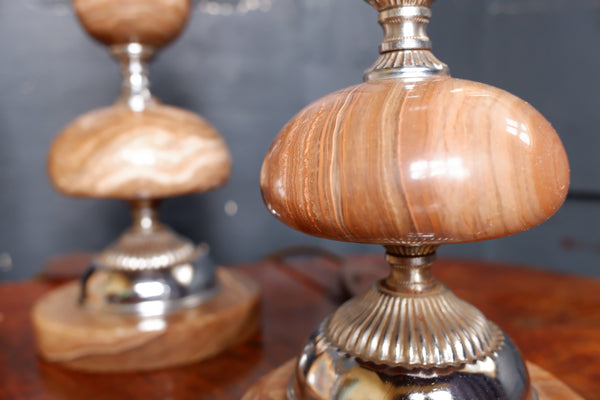 Antique Pair of French Small Table Bedside Lamps Ornate Bulbous Marble & Chrome