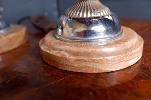 Antique Pair of French Small Table Bedside Lamps Ornate Bulbous Marble & Chrome