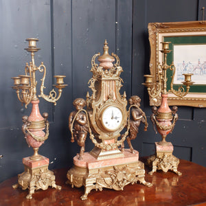 IMPERIAL Vintage Brass Bronze & Marble CHERUB Harp Mantel Clock Pair Candelabras