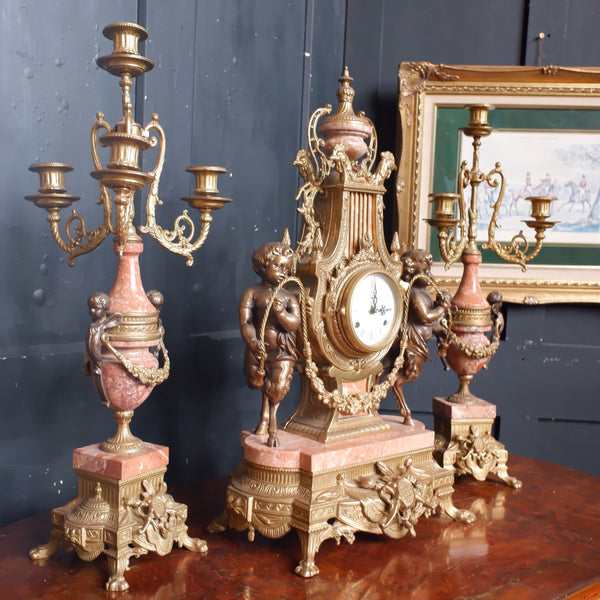 IMPERIAL Vintage Brass Bronze & Marble CHERUB Harp Mantel Clock Pair Candelabras