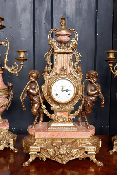 IMPERIAL Vintage Brass Bronze & Marble CHERUB Harp Mantel Clock Pair Candelabras