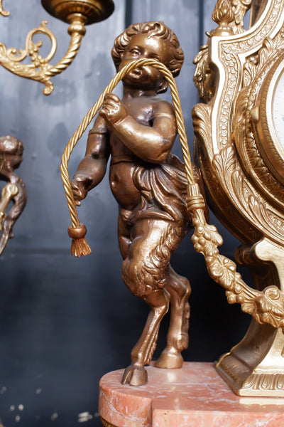 IMPERIAL Vintage Brass Bronze & Marble CHERUB Harp Mantel Clock Pair Candelabras