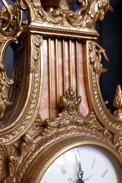 IMPERIAL Vintage Brass Bronze & Marble CHERUB Harp Mantel Clock Pair Candelabras