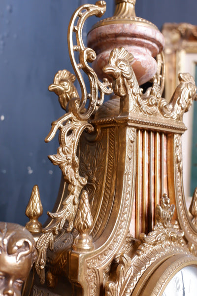 IMPERIAL Vintage Brass Bronze & Marble CHERUB Harp Mantel Clock Pair Candelabras