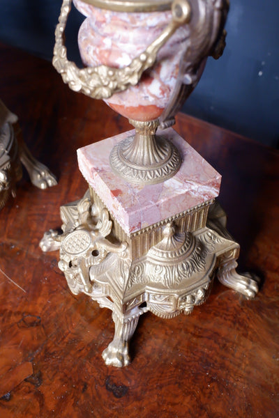 IMPERIAL Vintage Brass Bronze & Marble CHERUB Harp Mantel Clock Pair Candelabras