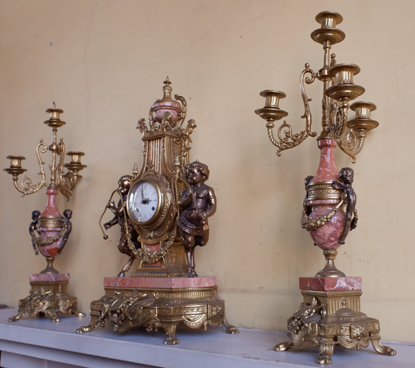 IMPERIAL Vintage Brass Bronze & Marble CHERUB Harp Mantel Clock Pair Candelabras