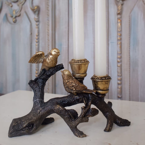 New Birds on Branch Vintage French Shabby Chic Rustic GOLD & Black Candlestick Candle Holder