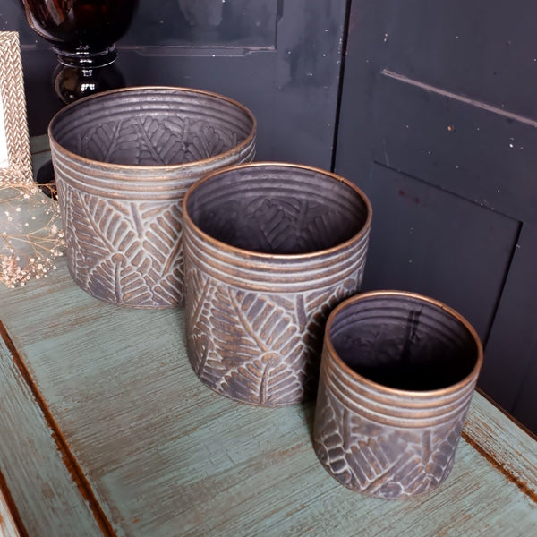 NEW Set of 3 French Grey Bronze Vintage PALM LEAF Planter Metal Baskets Pots