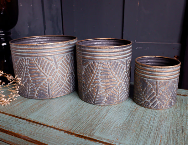 NEW Set of 3 French Grey Bronze Vintage PALM LEAF Planter Metal Baskets Pots