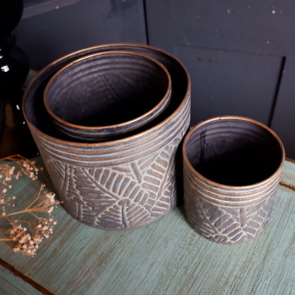 NEW Set of 3 French Grey Bronze Vintage PALM LEAF Planter Metal Baskets Pots