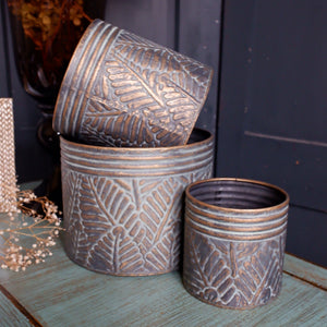 NEW Set of 3 French Grey Bronze Vintage PALM LEAF Planter Metal Baskets Pots