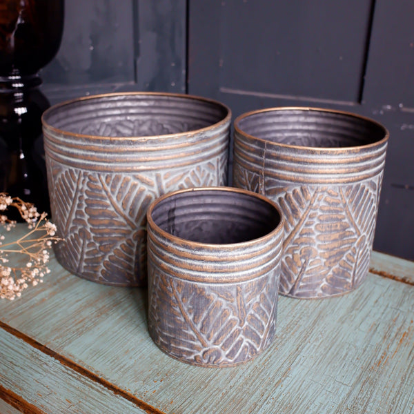 NEW Set of 3 French Grey Bronze Vintage PALM LEAF Planter Metal Baskets Pots