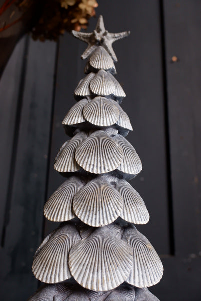 New Set Of 2 Christmas Trees Festive SILVER Grey Sea Conch Rustic Xmas Ornament