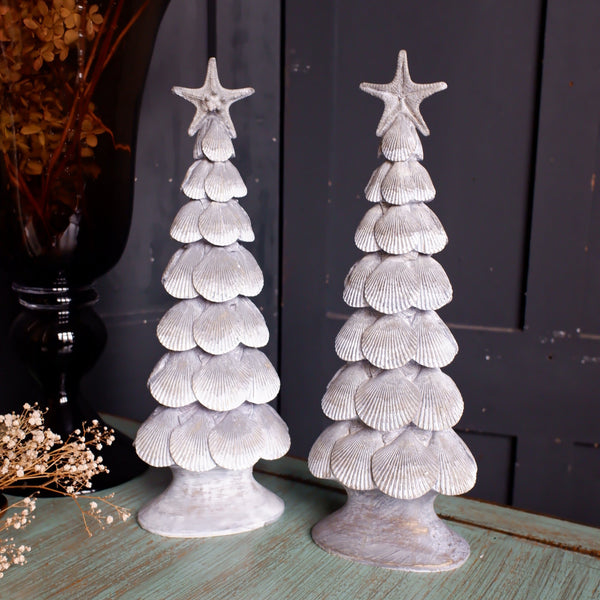 New Set Of 2 Christmas Trees Festive SILVER Grey Sea Conch Rustic Xmas Ornament