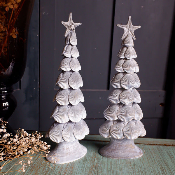 New Set Of 2 Christmas Trees Festive SILVER Grey Sea Conch Rustic Xmas Ornament