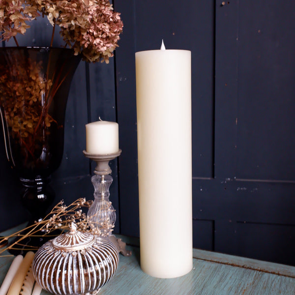 New Large LED Timer Ivory Pillar Flameless Wax CANDLE Light 48x12cm