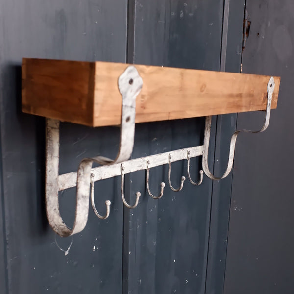 New Vintage Retro GREY Metal Wood Shelf Kitchen Bath Storage Wall Rack w/5 Hooks