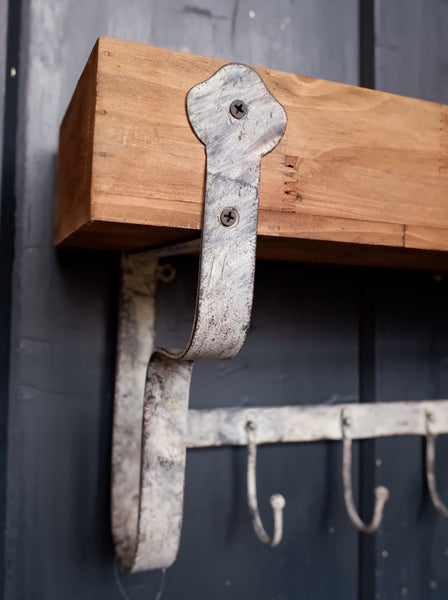 New Vintage Retro GREY Metal Wood Shelf Kitchen Bath Storage Wall Rack w/5 Hooks