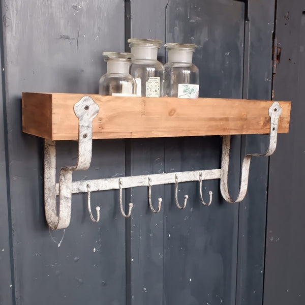 New Vintage Retro GREY Metal Wood Shelf Kitchen Bath Storage Wall Rack w/5 Hooks