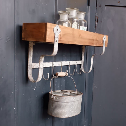 New Vintage Retro GREY Metal Wood Shelf Kitchen Bath Storage Wall Rack w/5 Hooks