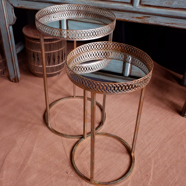 Nest Of 2 Round Rustic Shabby Chic Gold Metal & Mirror Side Tables