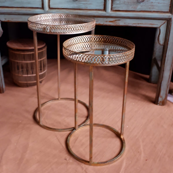 Nest Of 2 Round Rustic Shabby Chic Gold Metal & Mirror Side Tables