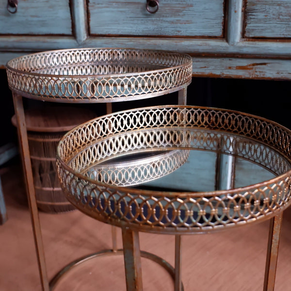 Nest Of 2 Round Rustic Shabby Chic Gold Metal & Mirror Side Tables