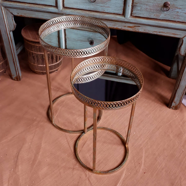 Nest Of 2 Round Rustic Shabby Chic Gold Metal & Mirror Side Tables