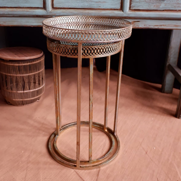 Nest Of 2 Round Rustic Shabby Chic Gold Metal & Mirror Side Tables