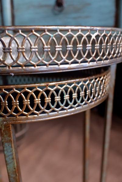 Nest Of 2 Round Rustic Shabby Chic Gold Metal & Mirror Side Tables