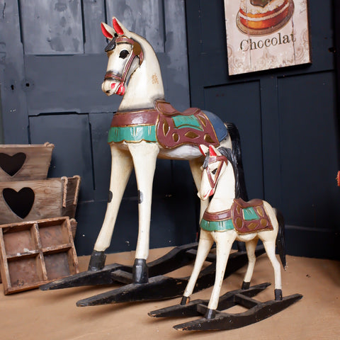 Vintage Wooden Rocking Horse Ornate Shabby Chic Rustic Decorative Painted Ornaments - 2 Sizes