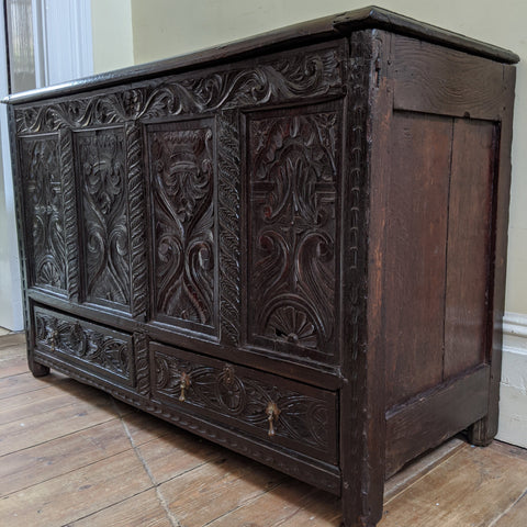 Antique OAK 17th Century Wooden Storage Carved Trunk MULE Chest COFFER with Drawers