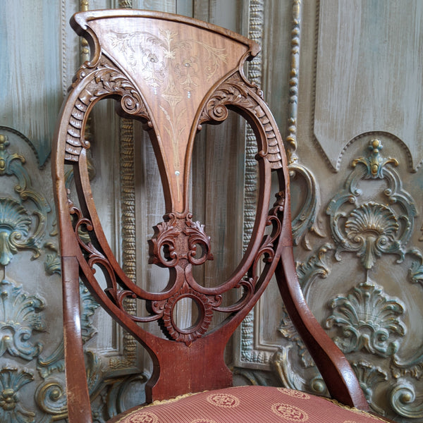 INLAID Antique ART NOUVEAU Walnut Carved Back Ornate Hall Parlour Occasional Chair