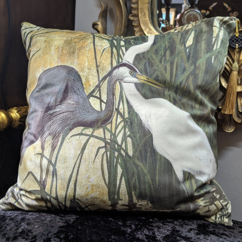 New 18" Square Cream HERON Bird Design Shabby Chic Style VELVET Feather CUSHION & Cover